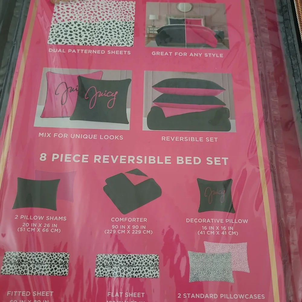 Juicy Couture Pink and Black Reversible Bed Set - Queen